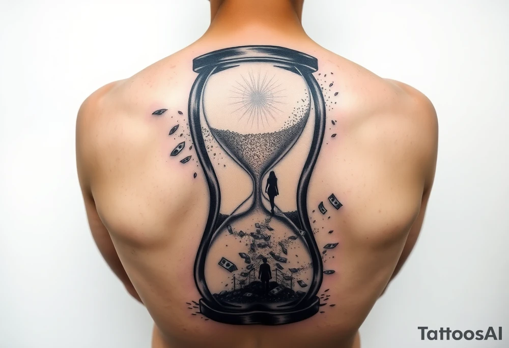 futuristic full back tattoo, broken hourglass with sand turning into digital particles, silhouette of a woman walking away in the distance, falling money dissolving into light, cyberpunk atmosphere, symbolizing lost time, lost love and lost fortune, black and grey tattoo with subtle neon accents, ultra detailed tattoo idea