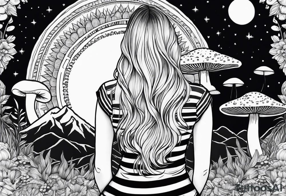 Straight blonde hair girl facing away toward mountains surrounded by mushrooms crescent moon mandala circular design black and white striped dress "8" tattoo idea