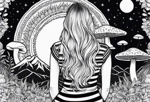 Straight blonde hair girl facing away toward mountains surrounded by mushrooms crescent moon mandala circular design black and white striped dress "8" tattoo idea