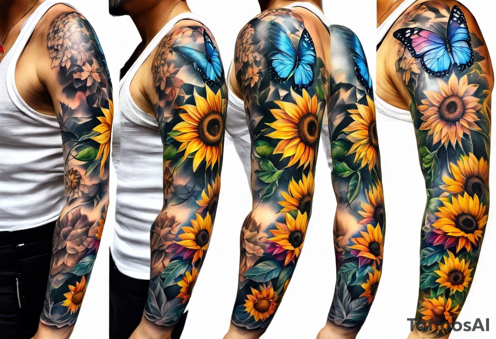 arm sleeve with dreamcatcher, rainbow sunflowers and one butterfly tattoo idea