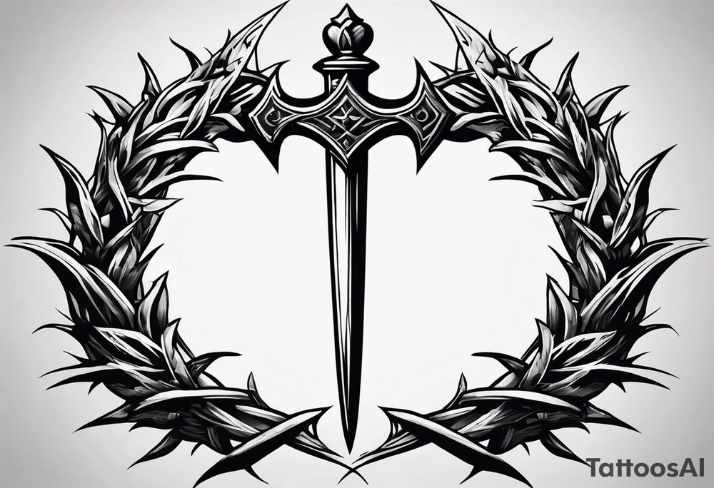 A simple design of a crown of thorns resting on the guard of a sword that is piercing a heart tattoo idea