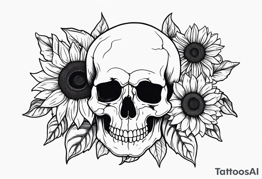 skull surrounded by sunflowers tattoo idea