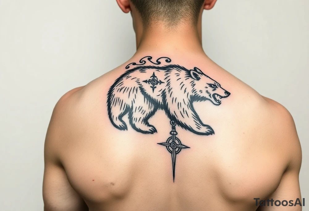 Nordic Viking themed bear on shoulder Vegvisir symbol tribal elder furthark bicep band tattoo idea