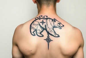 Nordic Viking themed bear on shoulder Vegvisir symbol tribal elder furthark bicep band tattoo idea