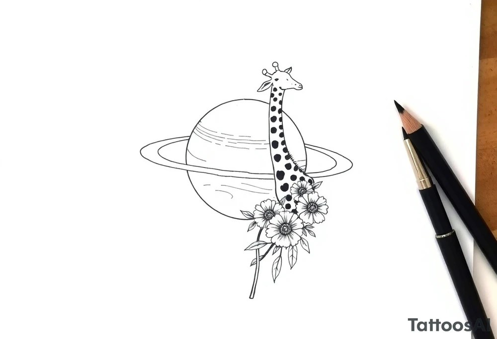 Saturn with a giraffe and marigold flowers tattoo idea