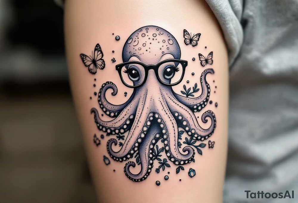 cute octopus, wearing glasses, friendly, surrounded by butterflies and oceanic items, grey ink, monochrome grey color tattoo idea