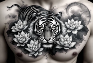 fierce tiger emerging through blooming lotus flowers in mist tattoo idea