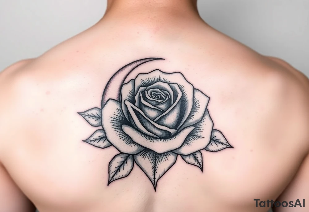 I have a small crescent moon tattoo. I want to cover it up with a rose tattoo. So I would like a rose tattoo with a crescent moon incorporated into it. I want the petal to be the moon shaped. The third one is the best, but can you clean it up? tattoo idea