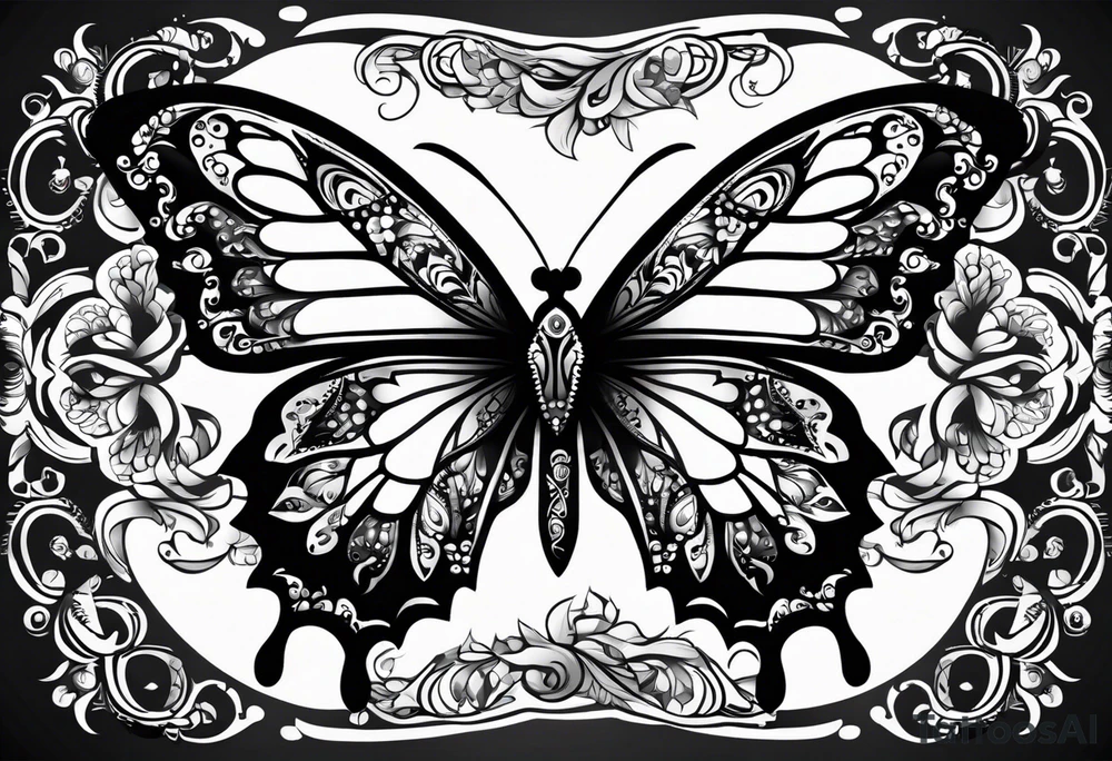 Dark ornamental, borboleta abstrata com uma adaga vertical centralizada no meio da horboleta tattoo idea