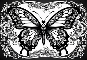 Dark ornamental, borboleta abstrata com uma adaga vertical centralizada no meio da horboleta tattoo idea