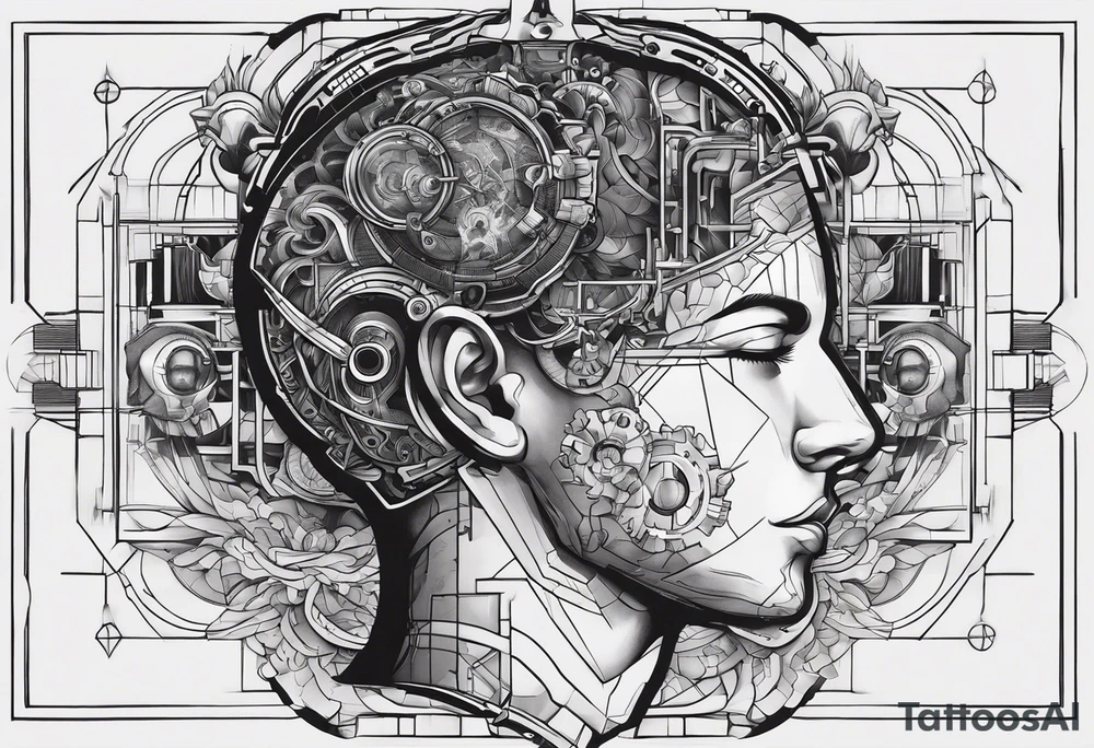 a modular mechanical design where the brain would be in a diagram of the dissected human head connected or reflected by an abstract lines based image of a ship on fire tattoo idea