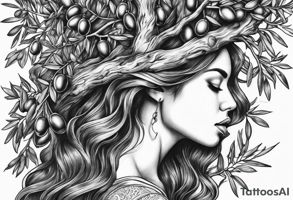 a woman turning herself in an olive tree tattoo idea