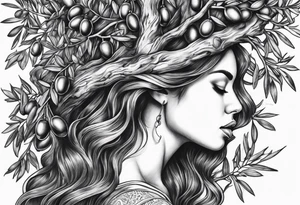 a woman turning herself in an olive tree tattoo idea