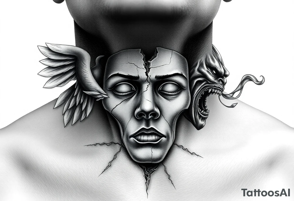 Realistic black and grey neck tattoo design. In the center of the throat, a human mask made of cracked stone or porcelain with natural facial features. The mask is breaking apart from the pressure of both sides — a screaming angel on the left and a screaming demon on the right. From the cracks on the angel’s side, soft white and blue light emerges; from the demon’s side, dark smoke and shadow flow out. The mask’s fragments slightly detach, revealing inner light and darkness mixing at the center. Highly detailed realism with strong contrast, fine shading, emotional and symbolic atmosphere, representing the true self shattered by the inner battle between good and evil. tattoo idea