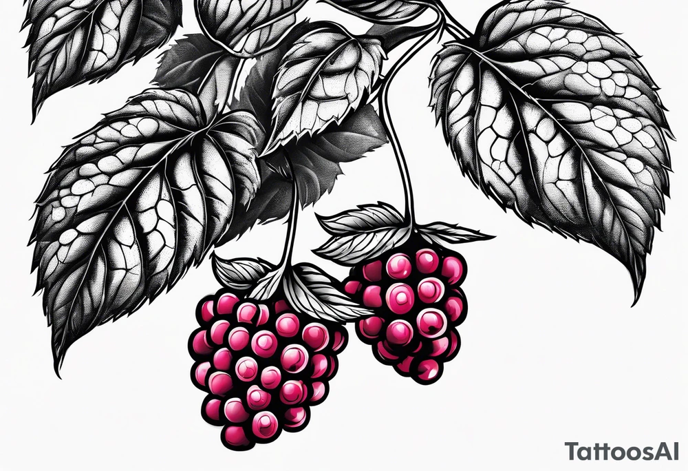 a single raspberry branch with lots of leaves that is hanging upside down with small raspberries on it tattoo idea