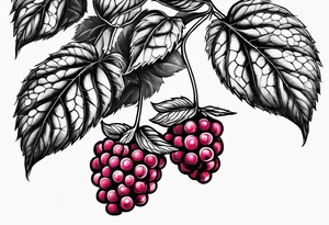 a single raspberry branch with lots of leaves that is hanging upside down with small raspberries on it tattoo idea