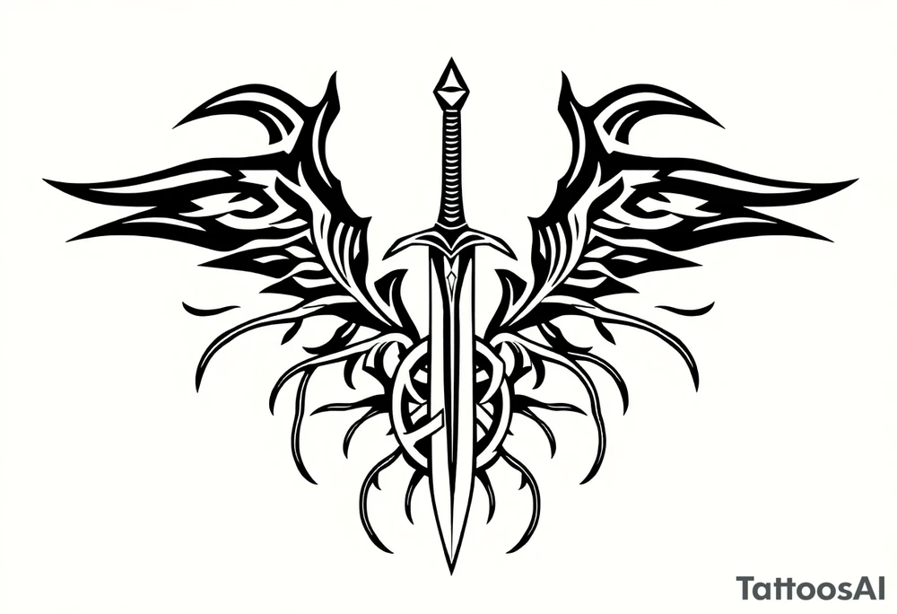 a single small sword with an overgrown Celtic knot band infused with roots tattoo idea