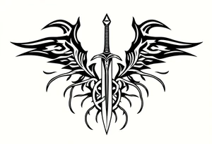 a single small sword with an overgrown Celtic knot band infused with roots tattoo idea