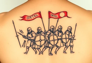 A procession of Czech warriors, with Ortel written in banners flowing above them, in sepia and dark red. tattoo idea