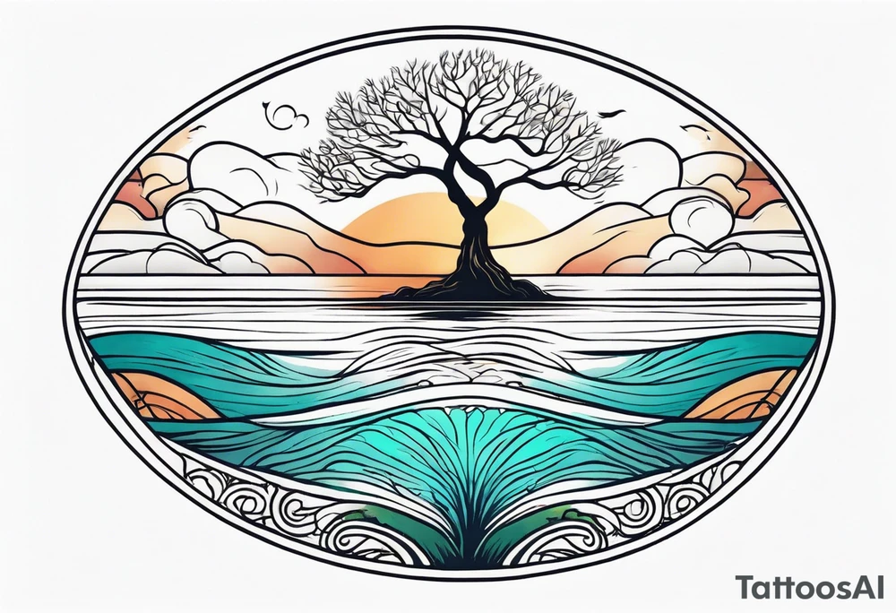calm sea and tree of life background tattoo idea