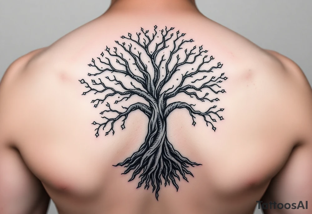 mystical tree of life with cosmic roots and celestial branches tattoo idea