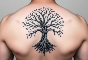 mystical tree of life with cosmic roots and celestial branches tattoo idea