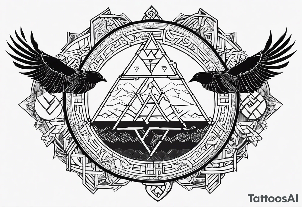 Thin line of a Nordic chain that surrounds the forearm composed by Yggdrasil, Valknut, Uruz (ᚢ), Raido (ᚱ), Gebo (ᚷ), Perthro (ᛈ), Elhaz (ᛉ), Laguz (ᛚ) and Odin’s Ravens. tattoo idea