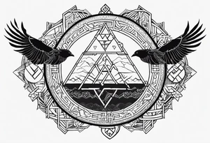 Thin line of a Nordic chain that surrounds the forearm composed by Yggdrasil, Valknut, Uruz (ᚢ), Raido (ᚱ), Gebo (ᚷ), Perthro (ᛈ), Elhaz (ᛉ), Laguz (ᛚ) and Odin’s Ravens. tattoo idea