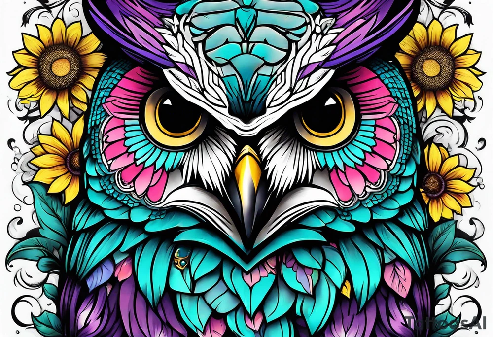 Sleeve with teal, pink and purple owl and yellow sunflowers tattoo idea