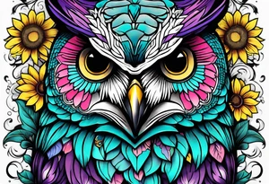 Sleeve with teal, pink and purple owl and yellow sunflowers tattoo idea