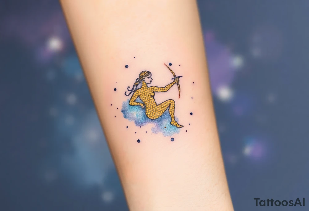 A night sky with Sagittarius figure made of glowing golden dots, surrounded by a soft watercolor galaxy in deep blues and purples tattoo idea