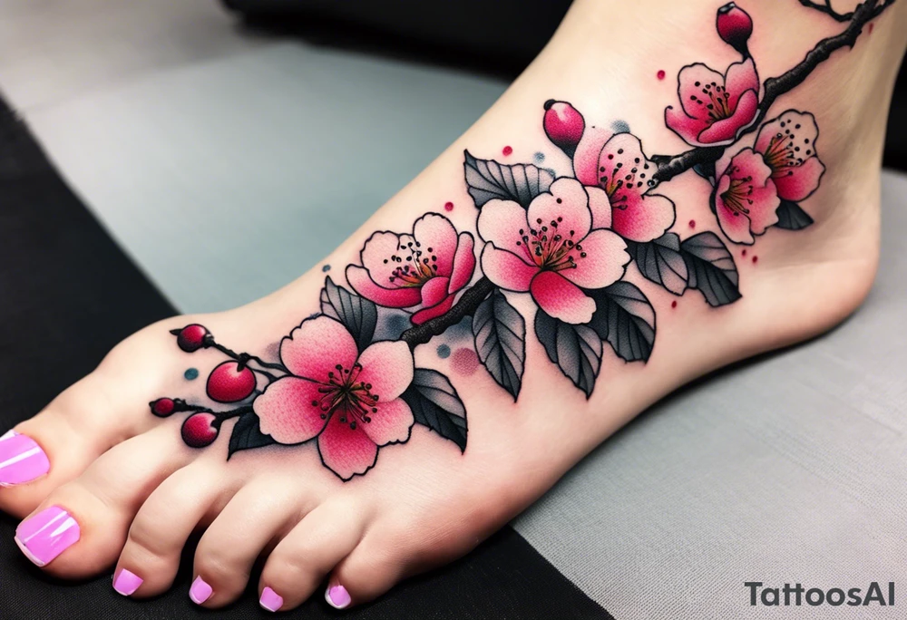 A foot tattoo of colorful cherry blossoms with a pink branch tattoo idea