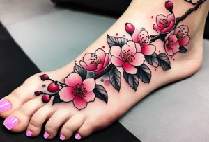 A foot tattoo of colorful cherry blossoms with a pink branch tattoo idea
