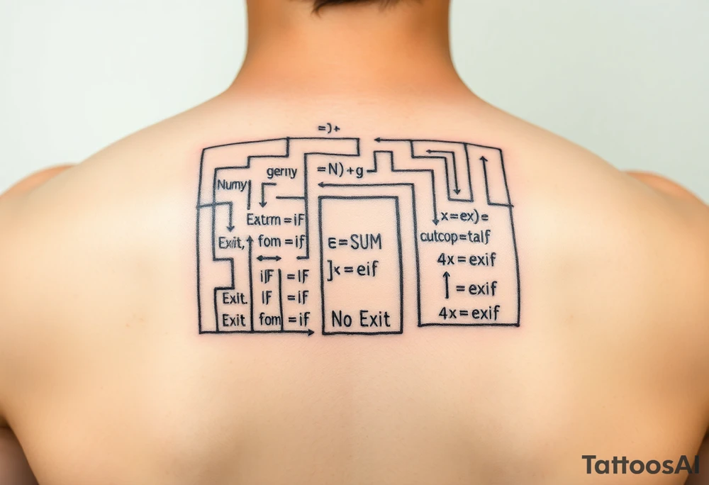 "Rat maze tattoo made of Excel formulas (=SUM, =IF). Exit door says 'No Exit' in Calibri font. Black ink, schematic style." tattoo idea