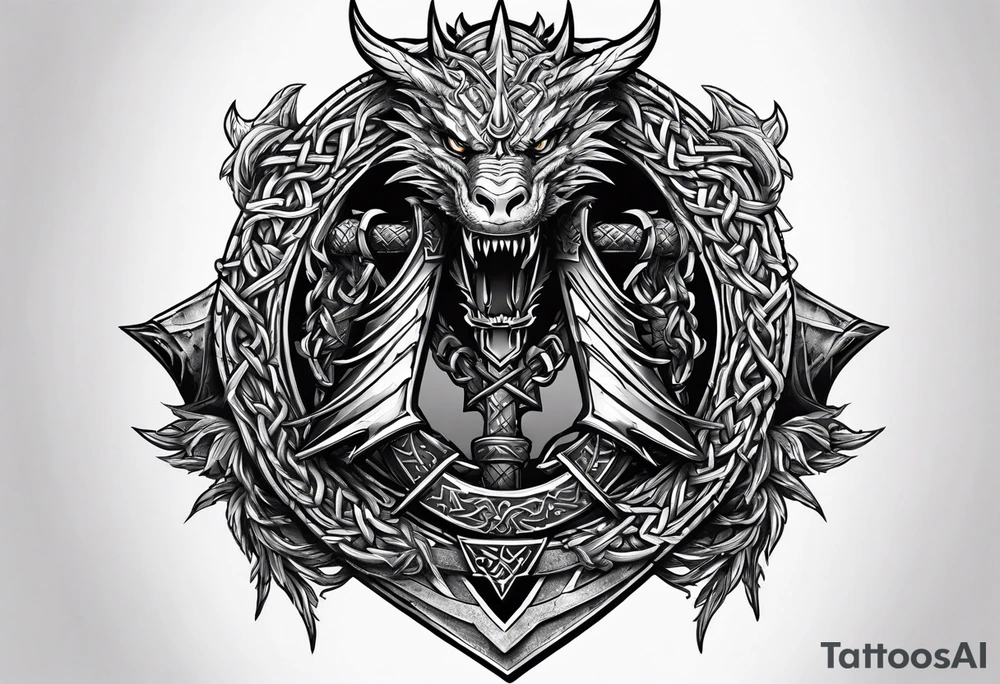 Valhalla sword shield dragon axe Valknut barbed wire chains tattoo idea