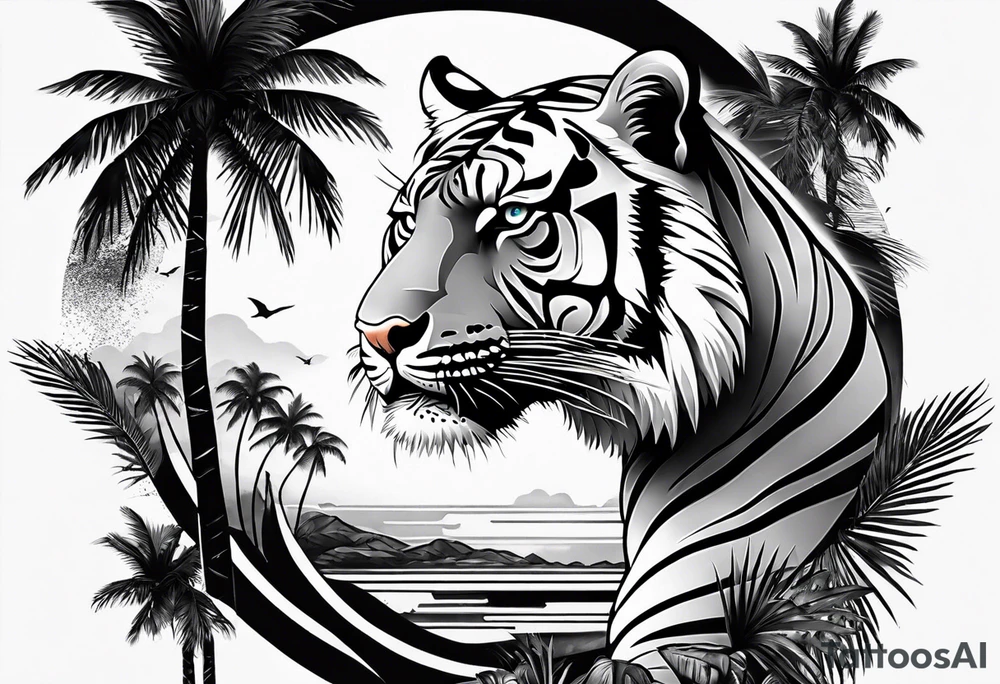 tiger climbing palm tree tattoo idea