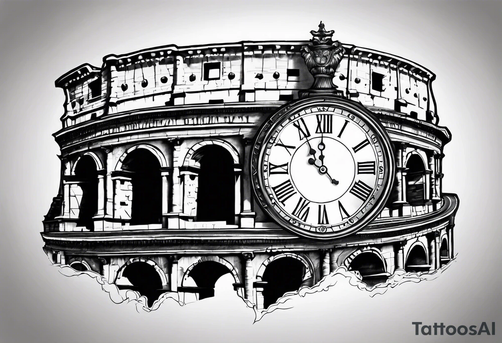 Roman clock above
 colosseum tattoo idea