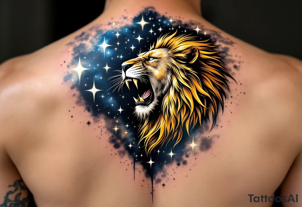A golden Leo lion roaring beneath a constellation of stars inked in shimmering white and navy blue on a galaxy-tinted sky. tattoo idea