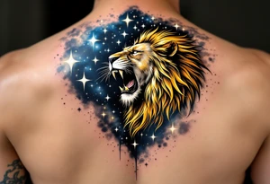 A golden Leo lion roaring beneath a constellation of stars inked in shimmering white and navy blue on a galaxy-tinted sky. tattoo idea