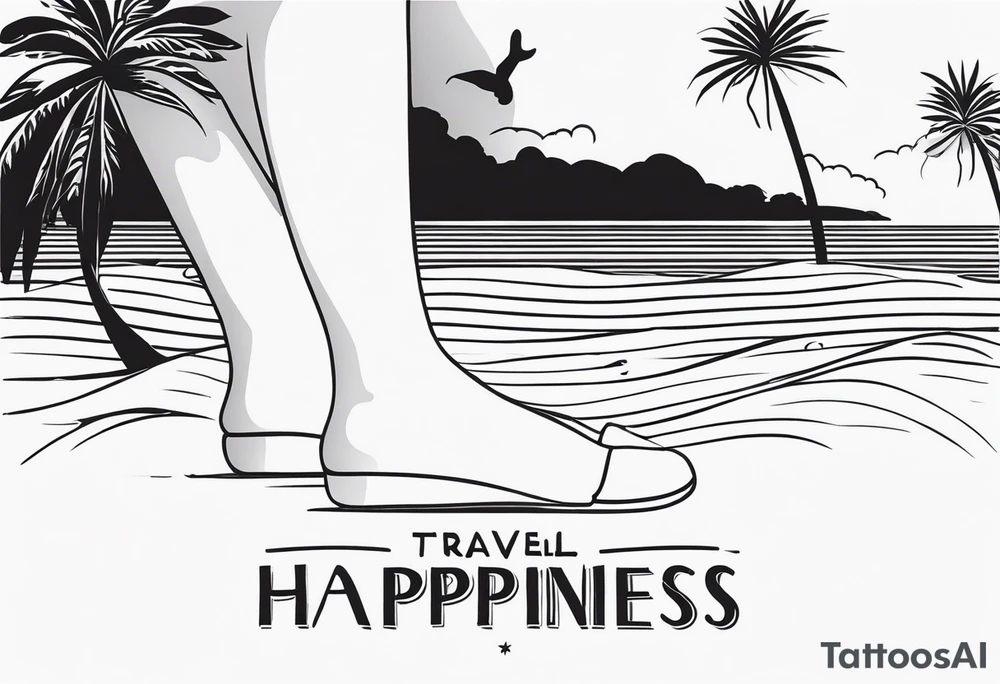 travel tattoo with mantra happiness on ankle elongated with the image of a sea selfie and palm trees tattoo idea