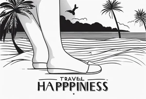 travel tattoo with mantra happiness on ankle elongated with the image of a sea ​​selfie and palm trees tattoo idea