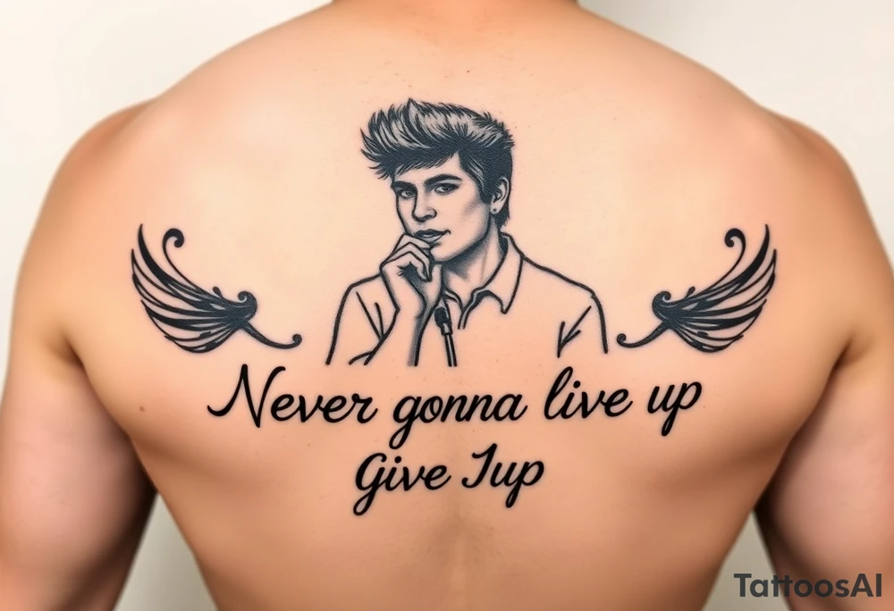 Rick Astley outline with text Never Gonna Give You Up tattoo idea