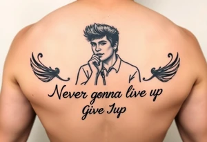 Rick Astley outline with text Never Gonna Give You Up tattoo idea