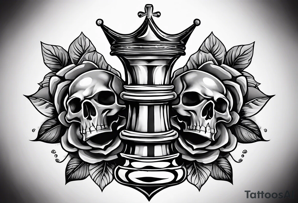 Kind and queen chess with a rose and king skull in the back round ( for a forearm) tattoo idea