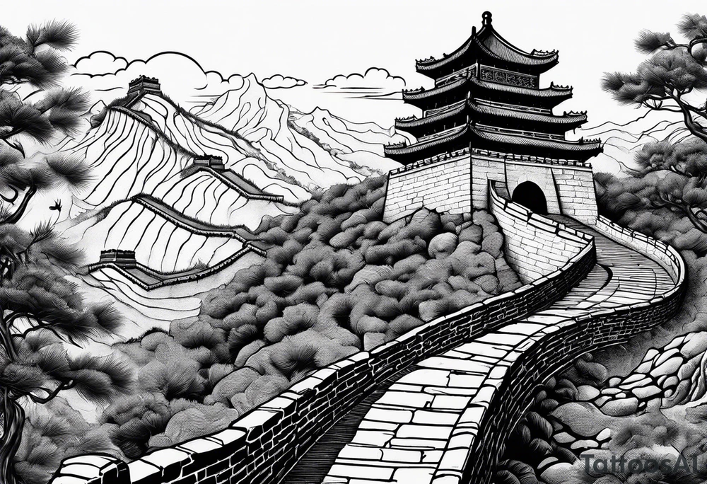 Rat behind Tiger and Snake on the great Wall of China with Temple tattoo idea