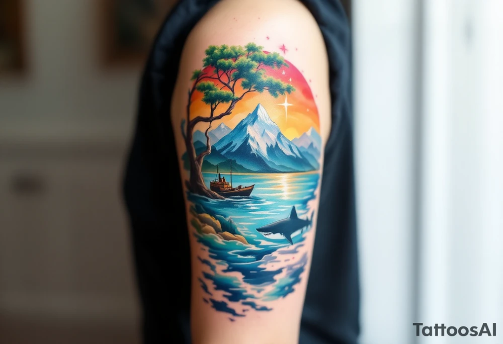 tattoo that has an acacia tree with mountains, ocean with a ship wreck with sharks and the northern star tattoo idea