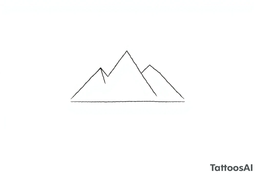 A minimalist geometric design featuring three triangular mountain peaks. Each peak is composed of clean, thin lines with no shading. A single straight horizontal line runs beneath the mountains, symbolizing a trail. The design conveys nature’s strength and the journey of progress. tattoo idea