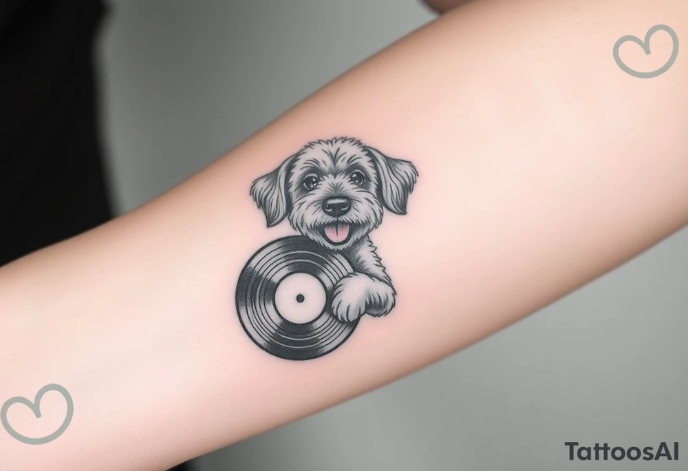 happy doodle dog holding a vinyl record tattoo idea