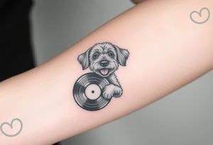 happy doodle dog holding a vinyl record tattoo idea