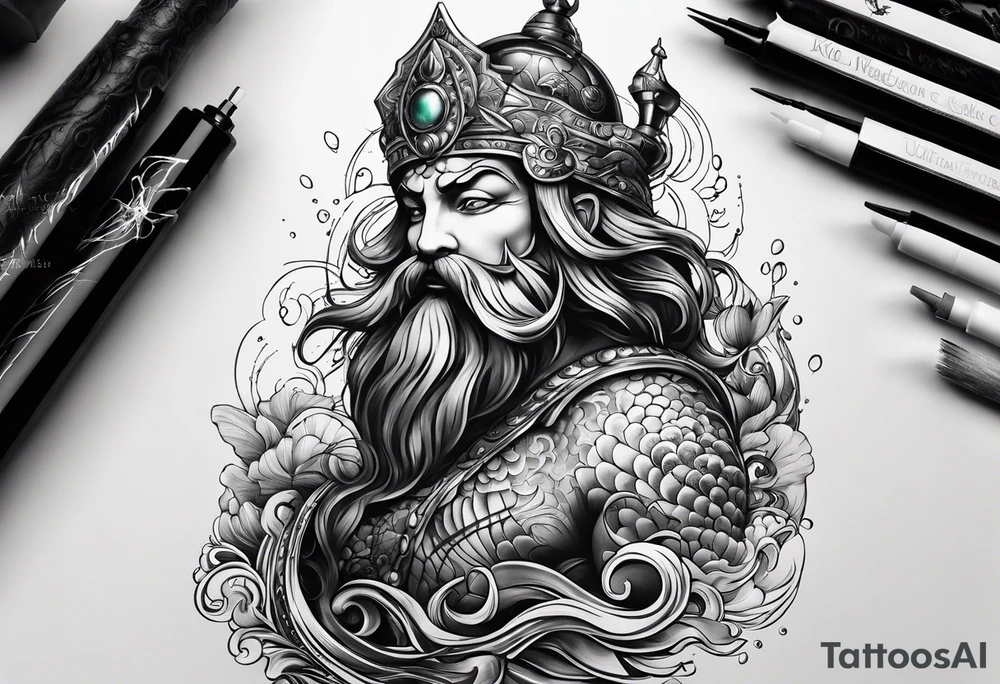 Neptun mit ganzen Körper im Wasser stehend tattoo idea